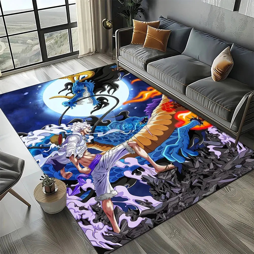 Japanese-style anime rug with vivid One Piece prints placed in a study