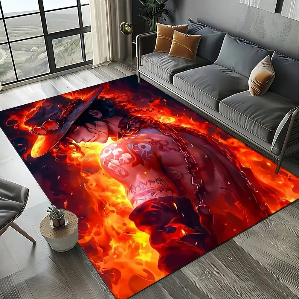 Long hallway rug with One Piece artwork placed in modern home interior