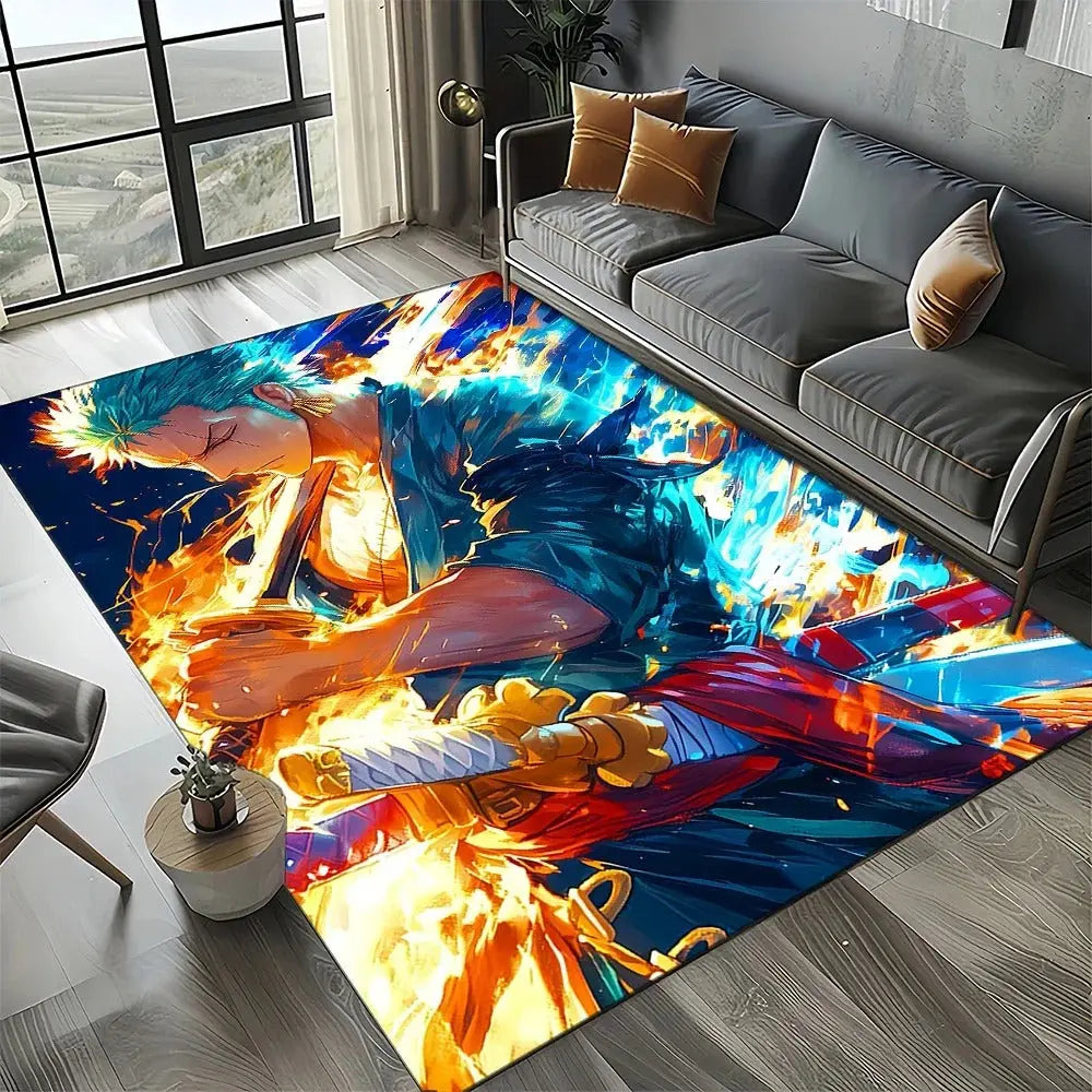 Entryway floor mat with One Piece Zoro character and Japanese anime style