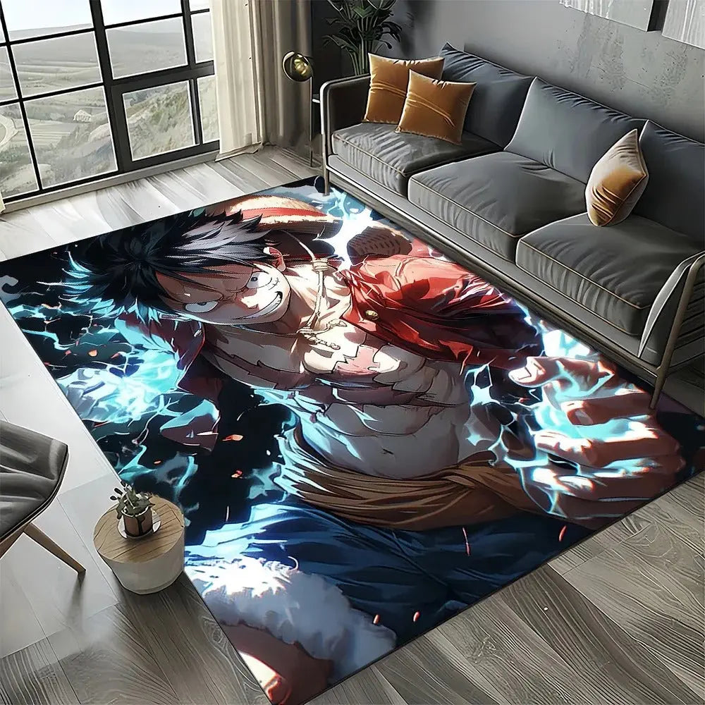 Rug showing detailed character Luffy designs from One Piece placed in a kids' room