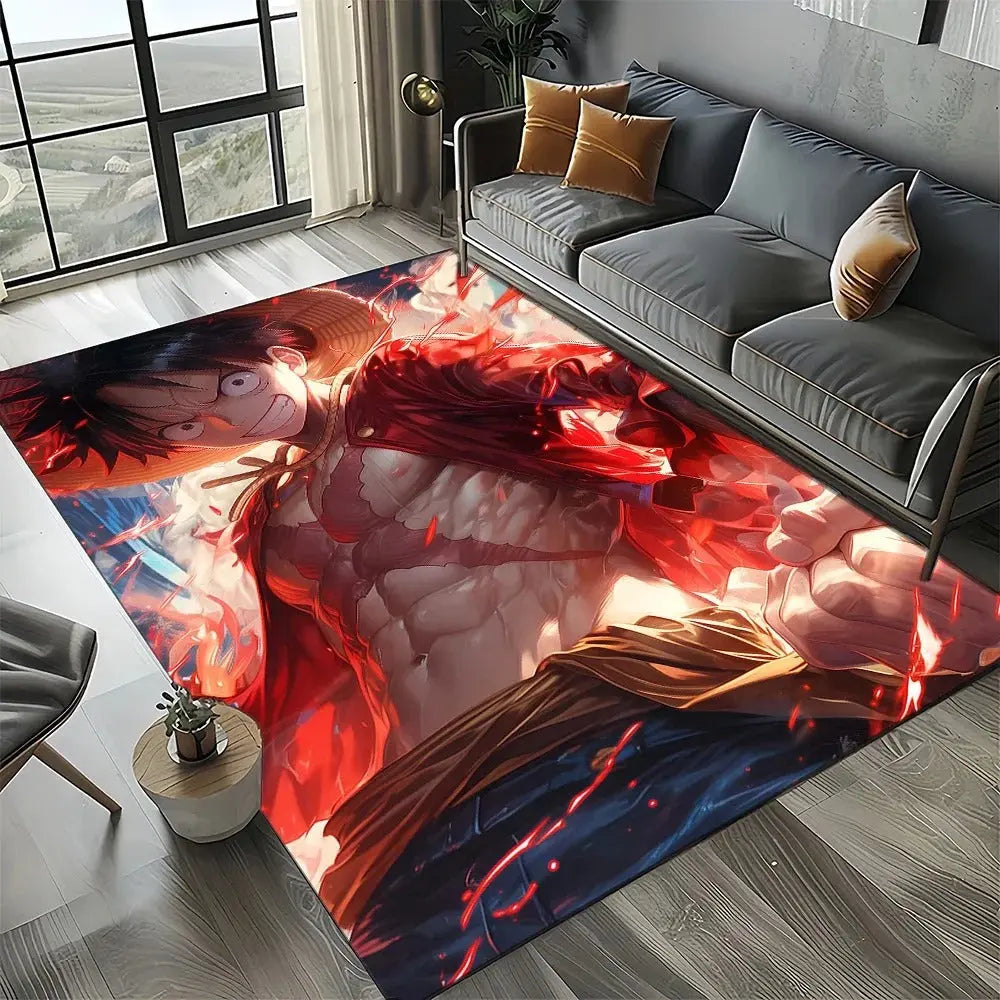 Anti-slip base rug with One Piece characters placed on a hardwood floor