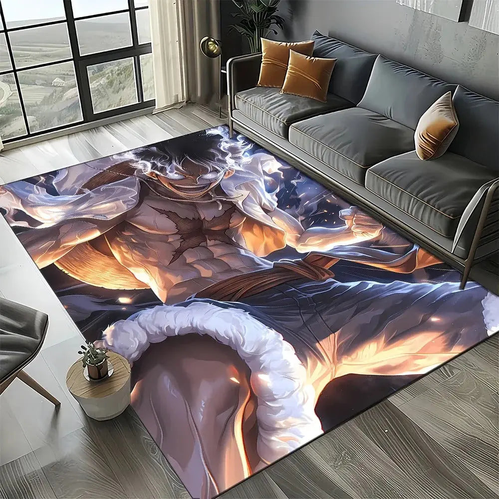 Luffy Anime bedroom styled with One Piece carpet and wall scrolls