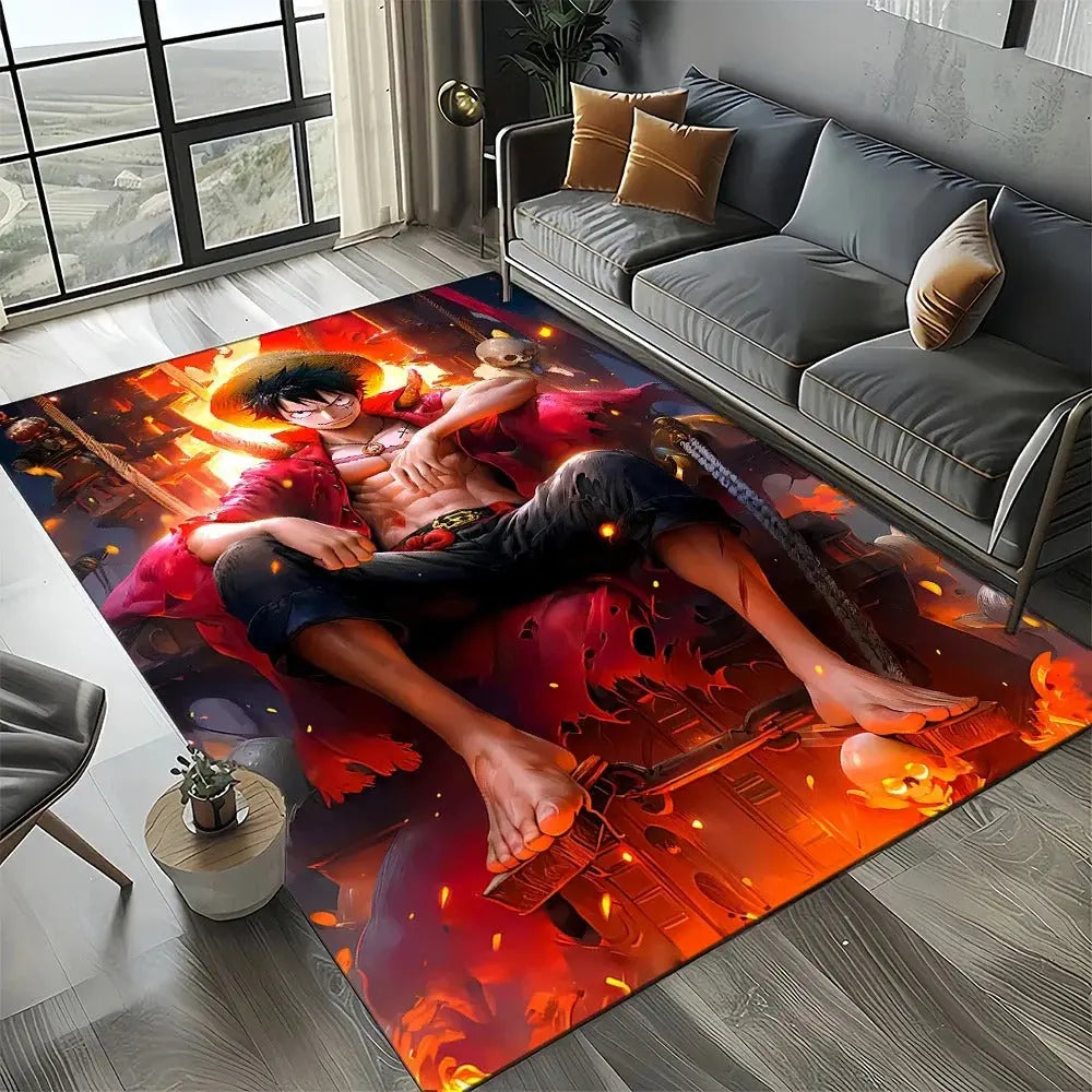 Cartoon-style One Piece rug in a clean minimalist room with natural light