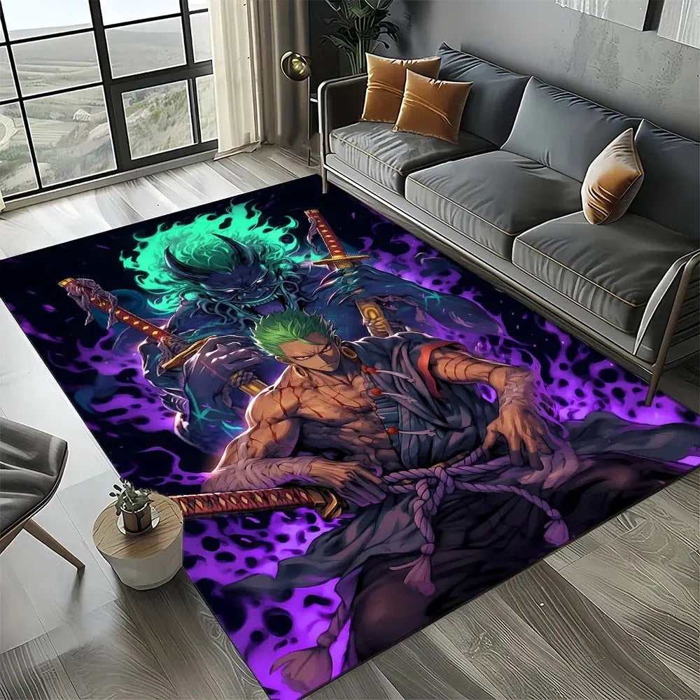 Colorful One Piece rug on floor in a kids’ playroom with toys and anime decor