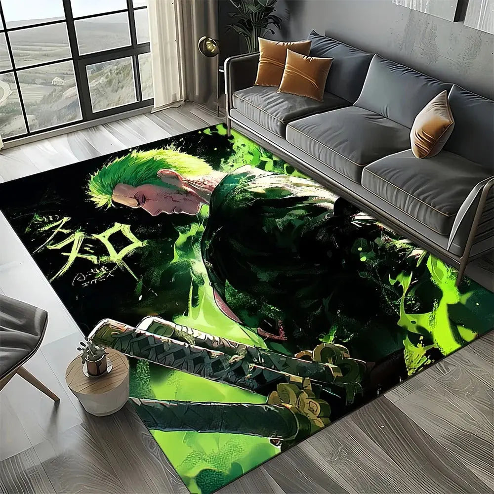 Japanese anime-themed rug placed in a fully decorated otaku-style room