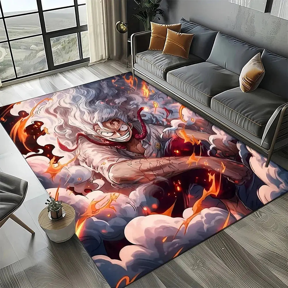 Home decor setup with One Piece anime carpet near a cozy reading chair