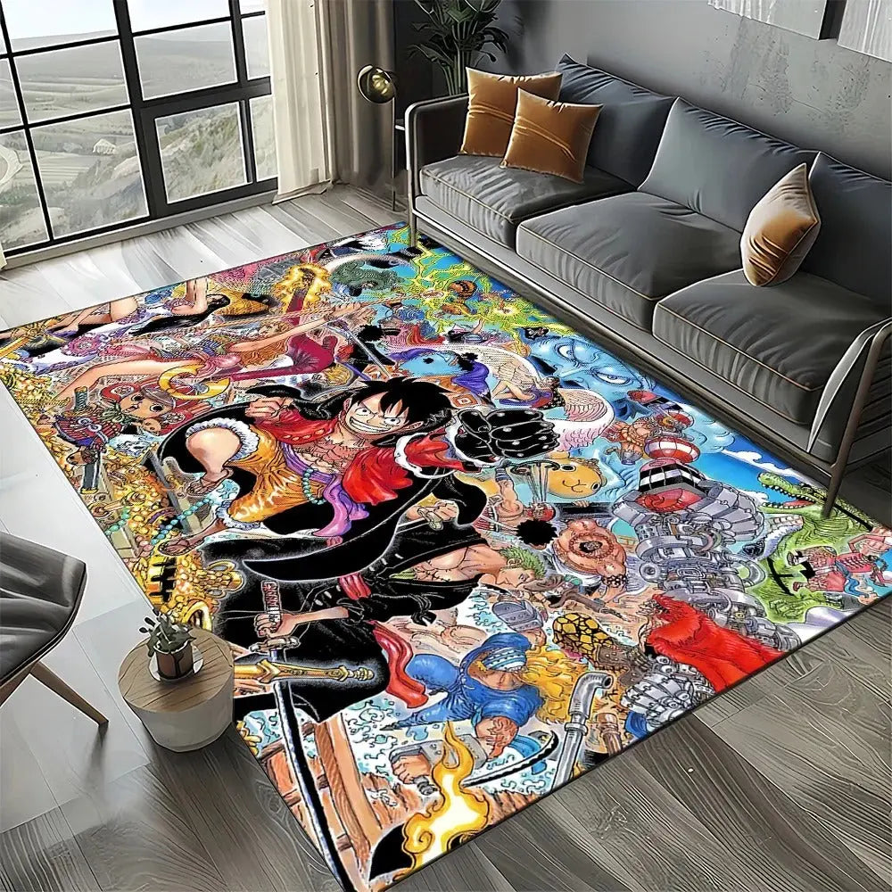 Cartoon One Piece mat placed under a gray sofa in modern living room