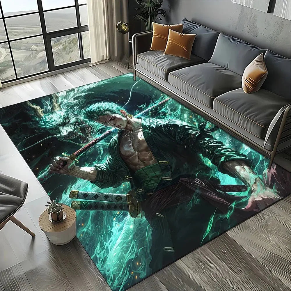 Japanese anime floor rug enhancing a neutral decor room with One Piece style