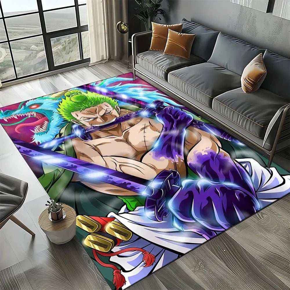 One Piece rug used as a room accent with action figures and anime posters