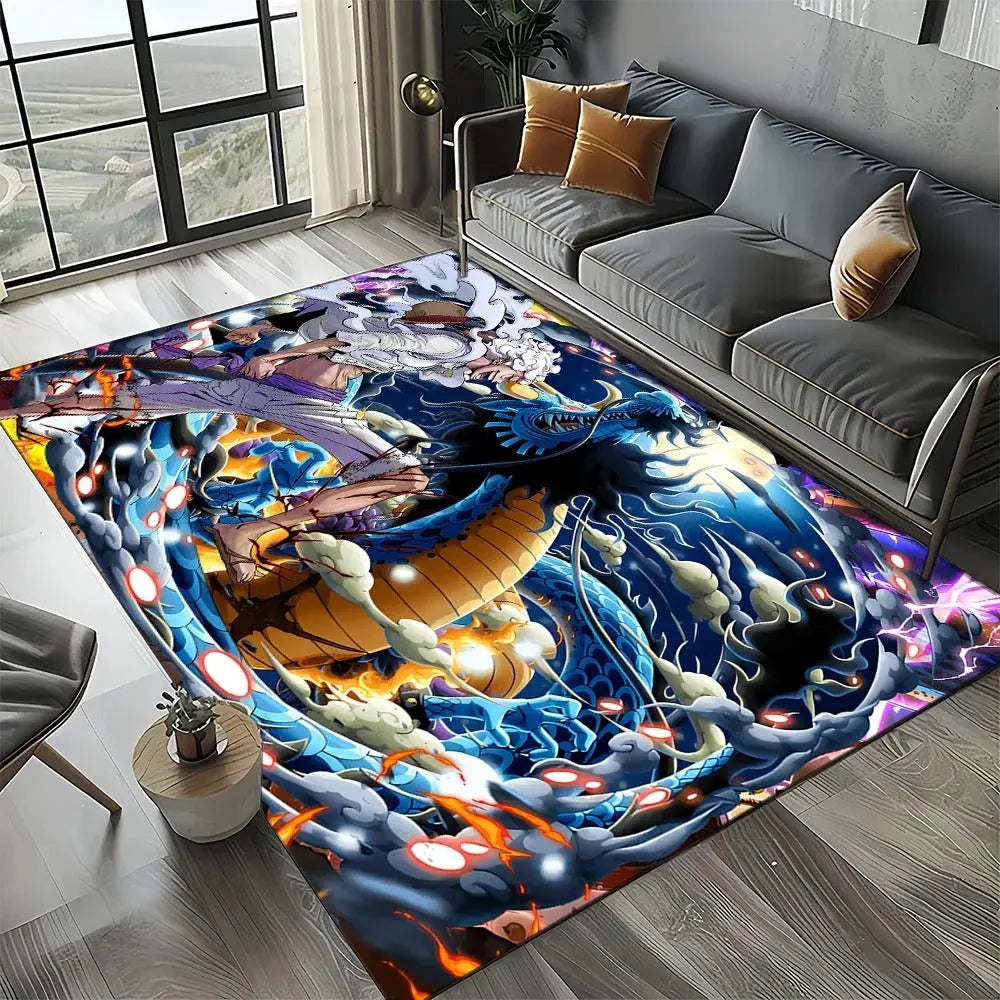 Floor mat with One Piece manga-style artwork used in a teen bedroom