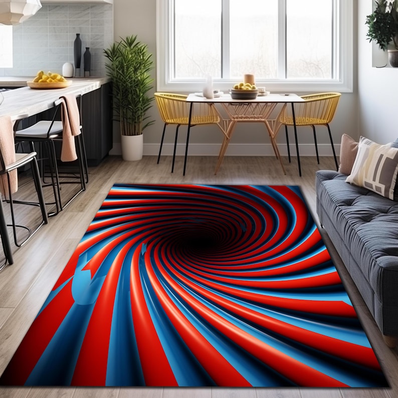 Optical Illusion Rug, Custom Rug, Optical Illusions, Illusion Rug Cotton, 3D Illusions Rug, Black Vortex Blue Illusion Rug, Floor Vortex Rug