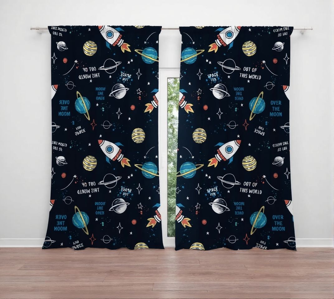 Outerspace Cartoon Rocket Window Curtain Universe Starry Star Sky Drapes Kids Deep Space Planets Nursery Window Treatments Girls Boys Room