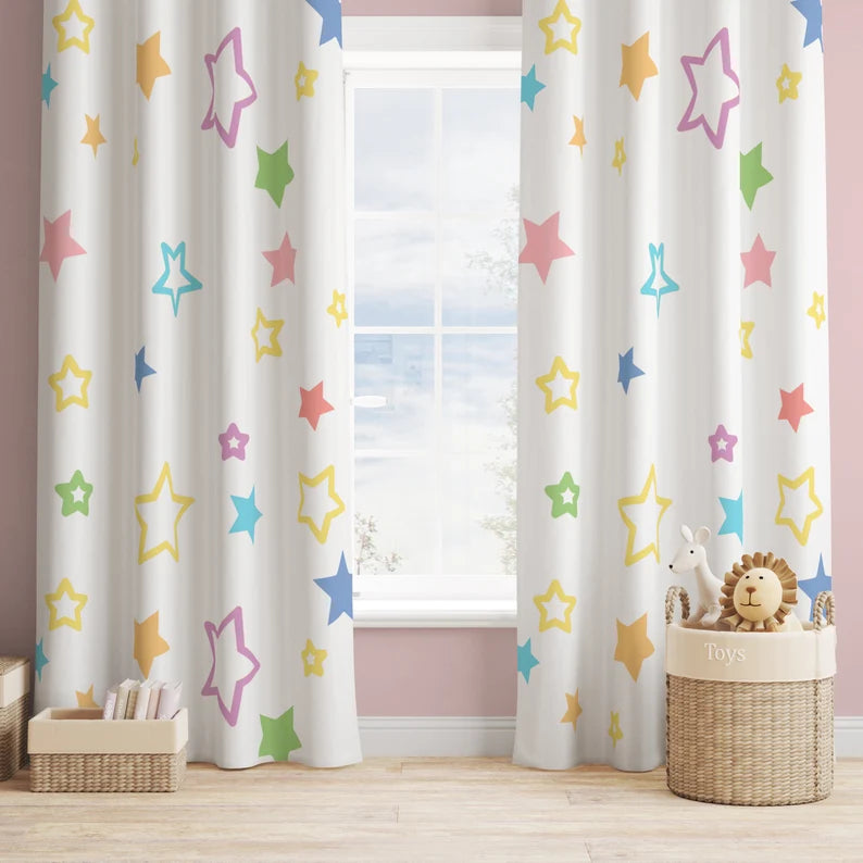 Pastel Rainbow Nursery Curtains Blackout with Stars, Rainbow Galaxy Girl or Boy Bedroom Cotton Curtain Panel, Cosmic Kids Room Window Decor