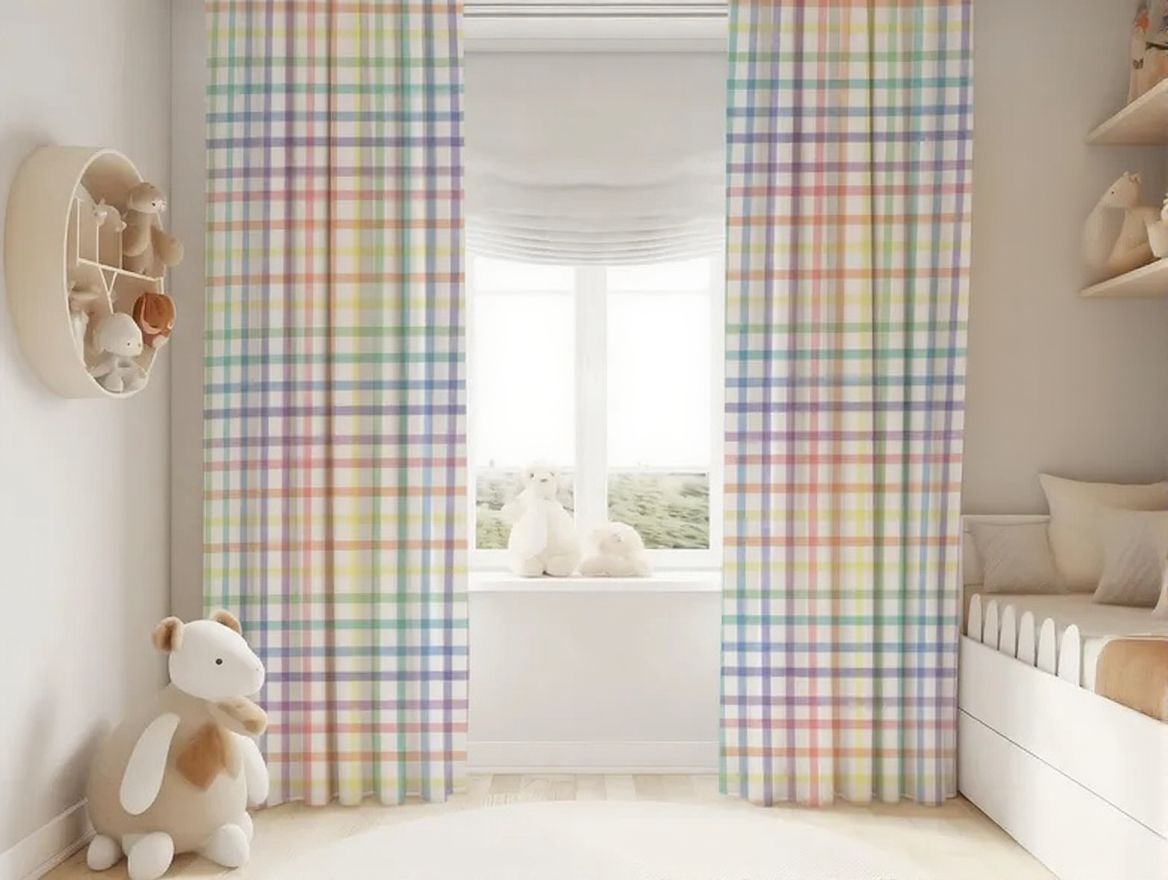 Pastel Rainbow Plaid Baby Girl Room Curtain Nursery Curtains Window Curtains