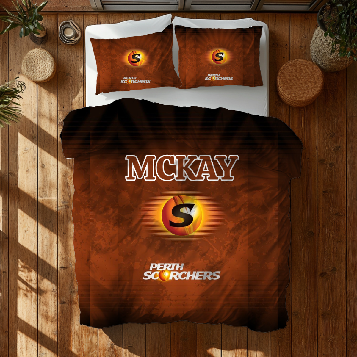 Personalised Perth Scorchers doona cover – orange BBL cricket bedding with name and number customization