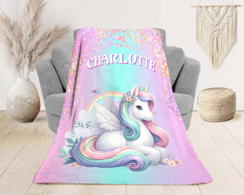 Personalised Unicorn Fleece Blanket - Magical Rainbow Girls Blanket, Custom Name Gift