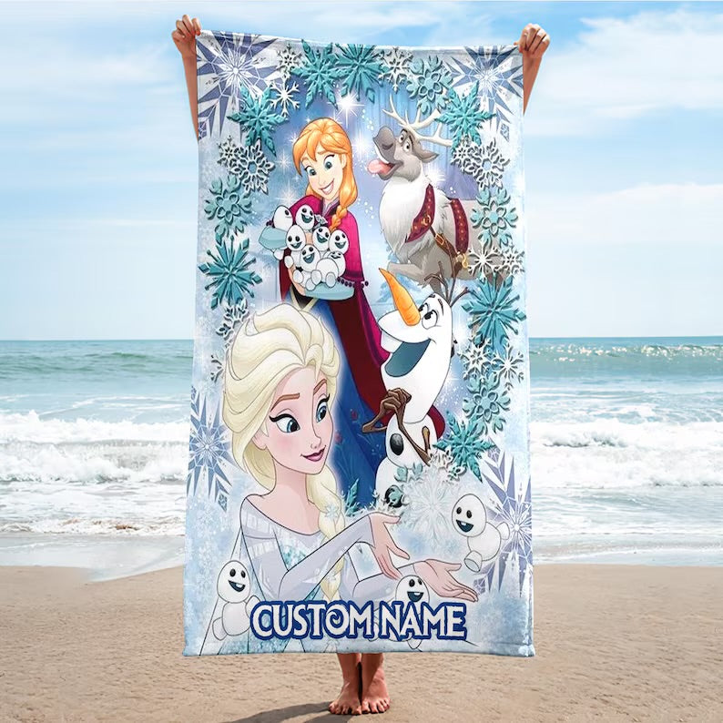 Personalize Frozen Princess Beach Towels, Elsa Anna Olaf Beach Towels, Magic World Beach Towel, Custom Beach Towel, Frozen Beach Towel Gift