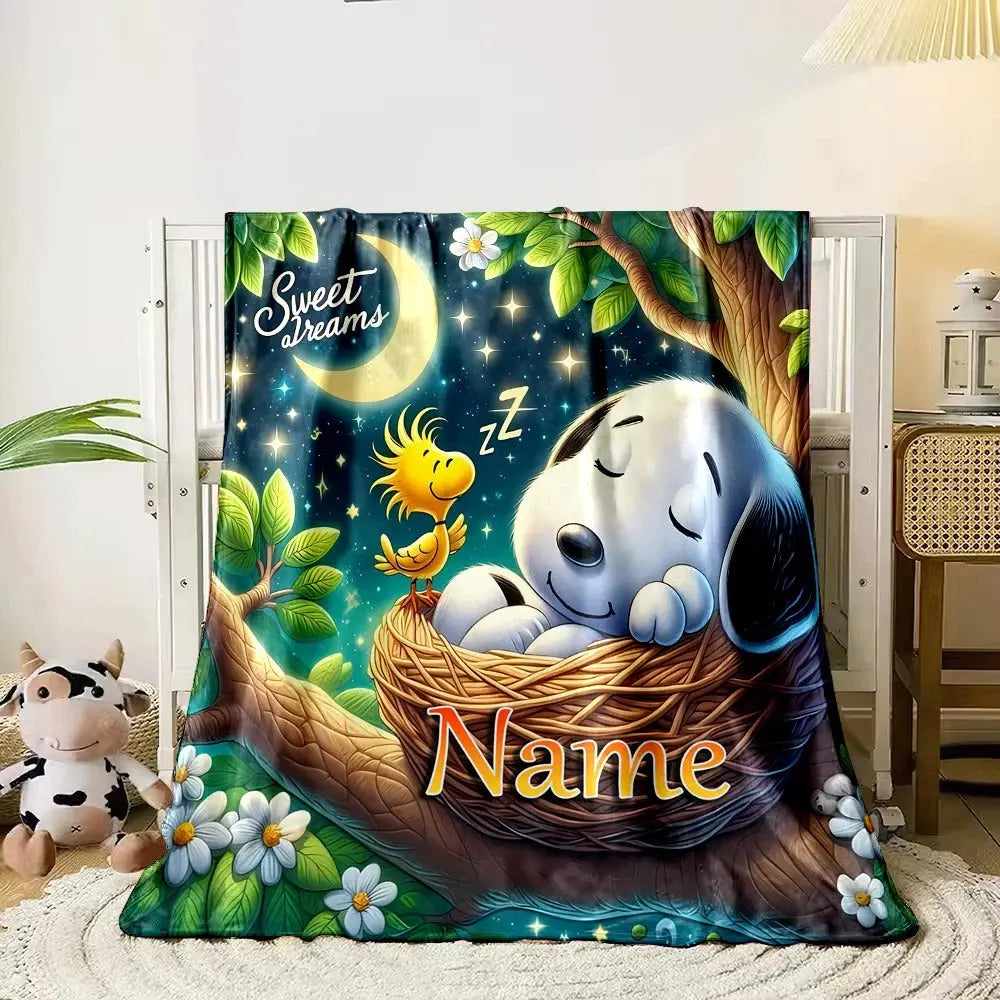 Snoopy Throw Blanket with Name – Ideal for Airplane or Car Naps