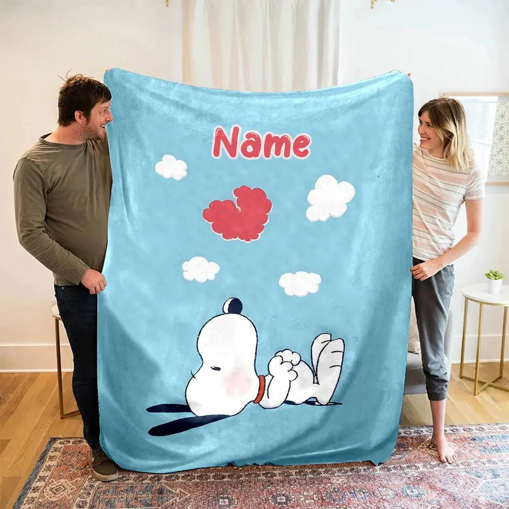 Custom Name Snoopy Fleece Throw Blanket on a Child's Bed