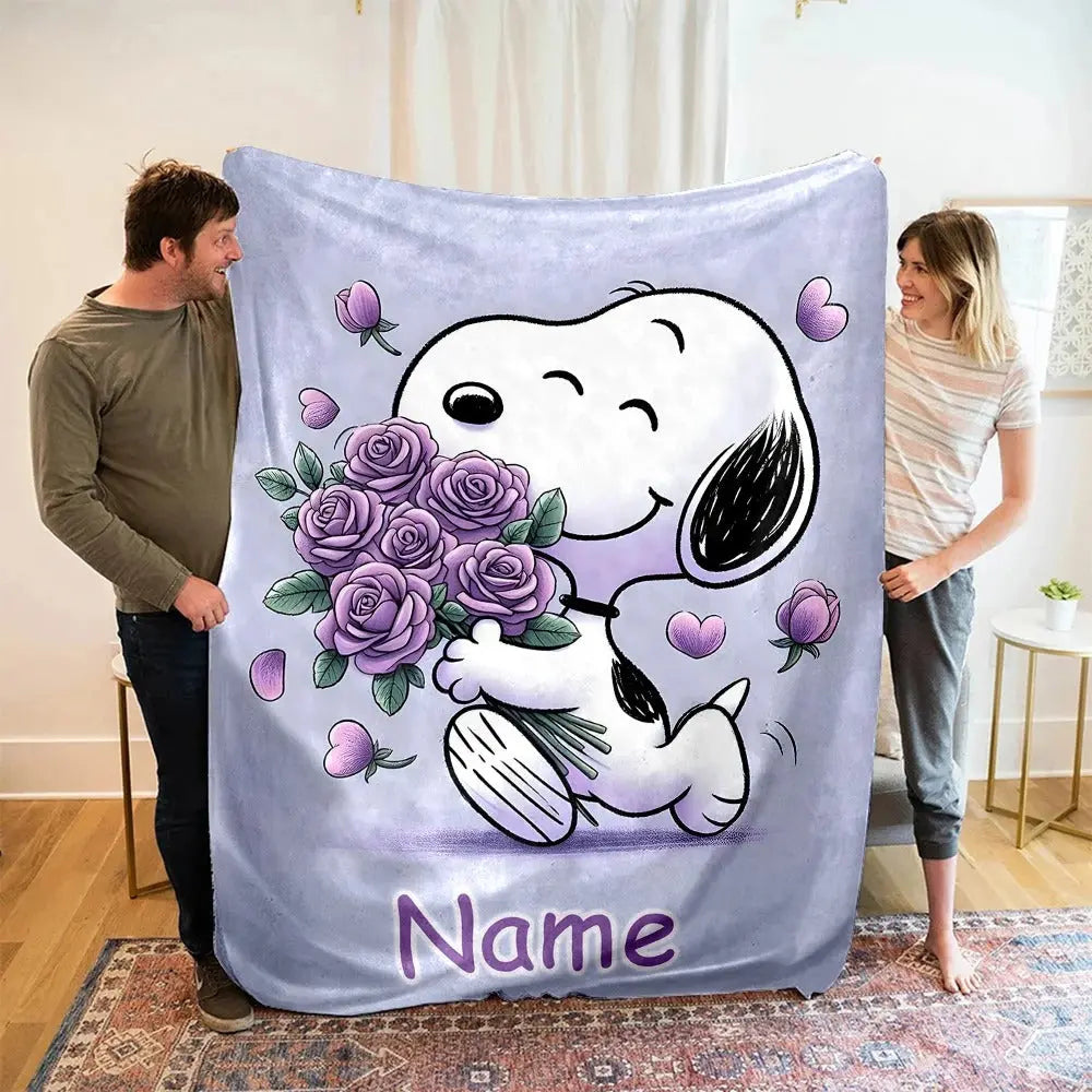 Cartoon-Themed Snoopy Bed Blanket with Custom Name for Children