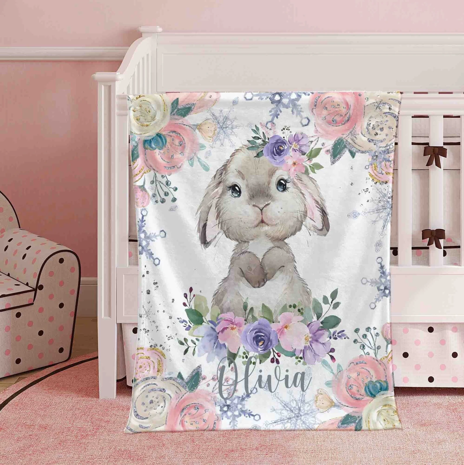 Personalized Baby Bunny Blanket, Winter Floral Rabbit Nursery Blanket, Christmas Baby Blanket Kids Custom Blanket Jungle Baby Shower Gift