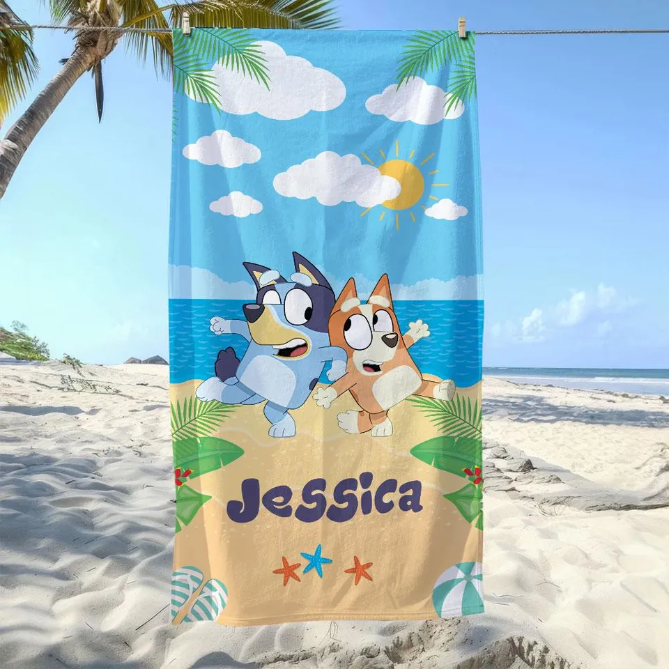 Personalized Bluey and Bingo Beach Towel, Custom Name Beach Towel, Summer Vacation Gift