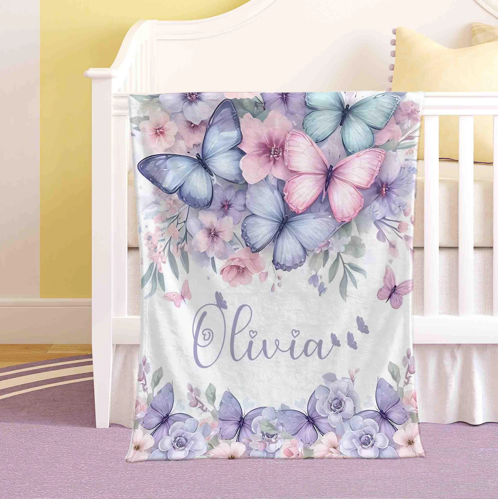 Personalized Butterfly Nursery Blanket Custom Baby Name Blanket Kids Custom Name Blanket Butterfly Baby Shower Gift For Girls Throw