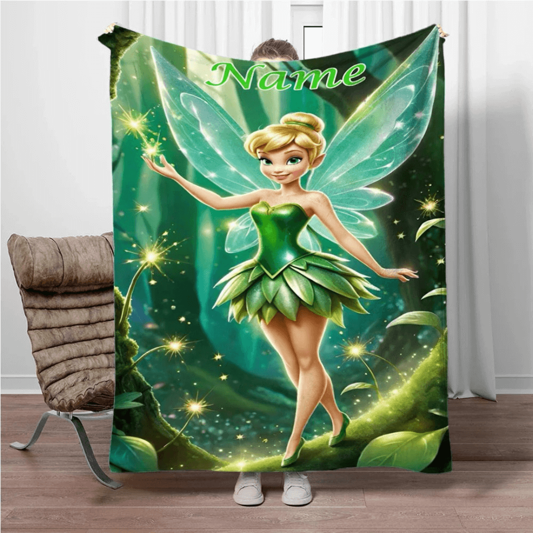 Personalized Tinker Bell throw blanket with custom name embroidery