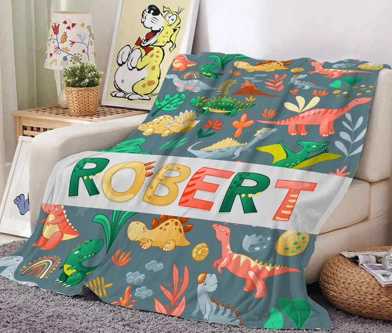 Personalized Dinosaur Blanket for Kids Boy Girl Gift ,Custom Name Blanket,Fleece Throw Blanket for Toddlers New Born Baby Shower Gift
