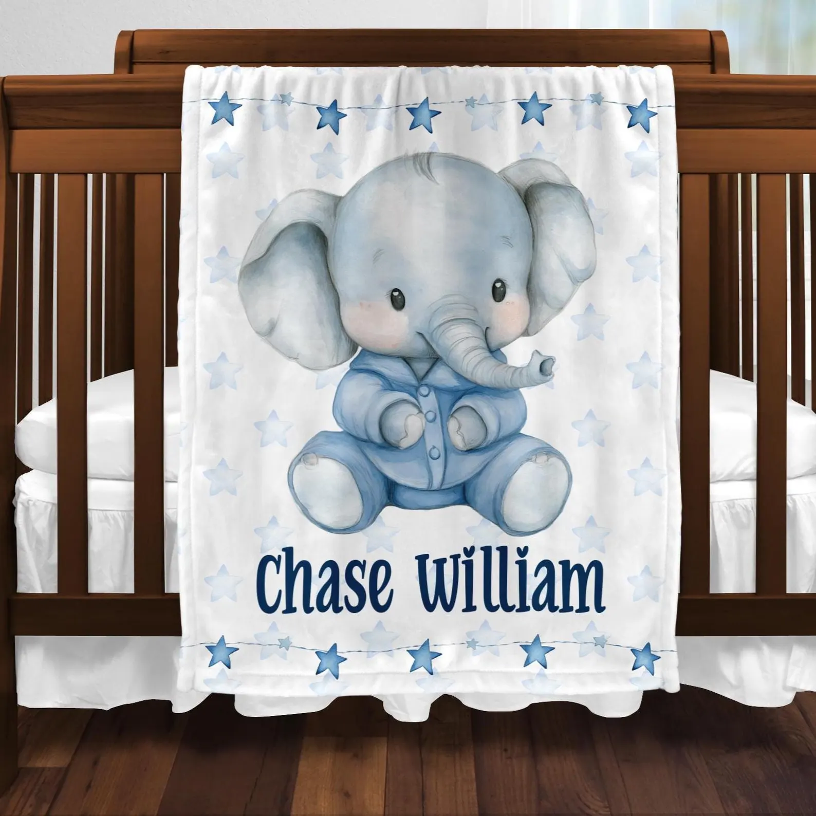 Personalized Elephant Baby Blanket, New Baby Boy Gift, Baby Shower Gift, Gift For Boy, Teddy Bear Nursery Blanket, Blue Toddler Blanket