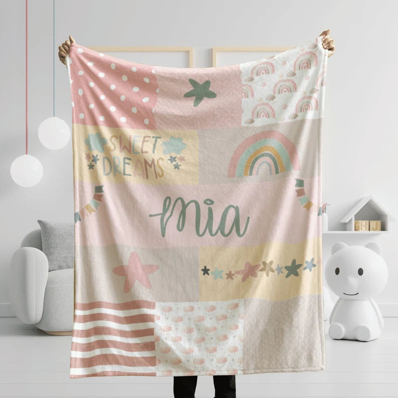 Personalized Girl Name Blanket: Pink Rainbow Baby Sherpa Throw