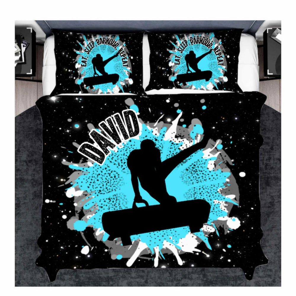 Personalized Gymnastics Duvets Cover Set For Boys, Customized Bedding Set for Male Gymnasts Bedroom Duvet And Pillow Set
