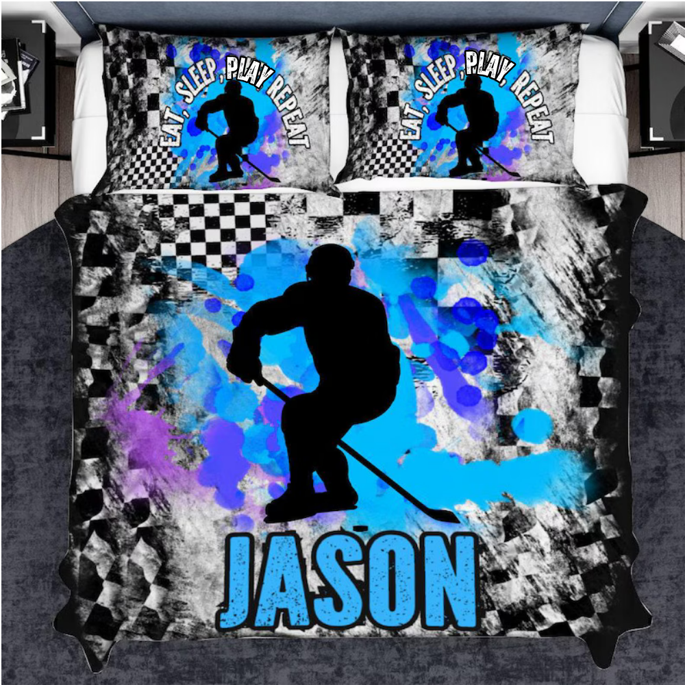 Personalized Ice Hockey Duvets Cover Set For Boys, Customized Sports Bedding Set for Hockey Kids, Hockey Birthday Gifts, Hockey Gifts