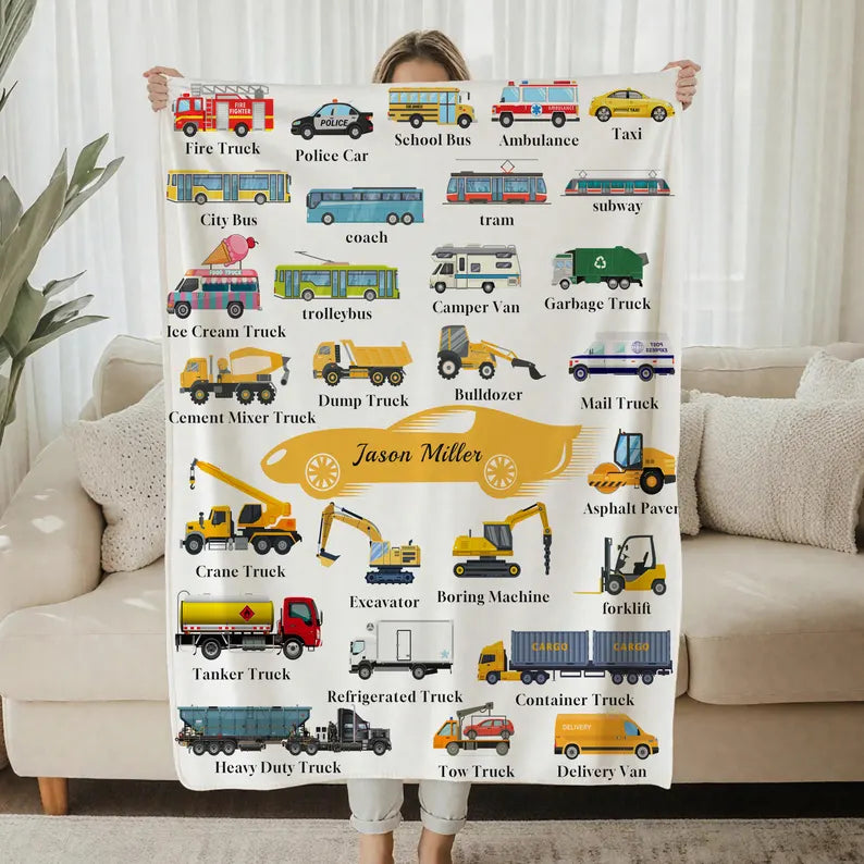 Personalized Kids Car Blanket, Custom Name Truck Blanket, Boys Vehicle Throw, Construction Truck Blanket Gift for Toddlers