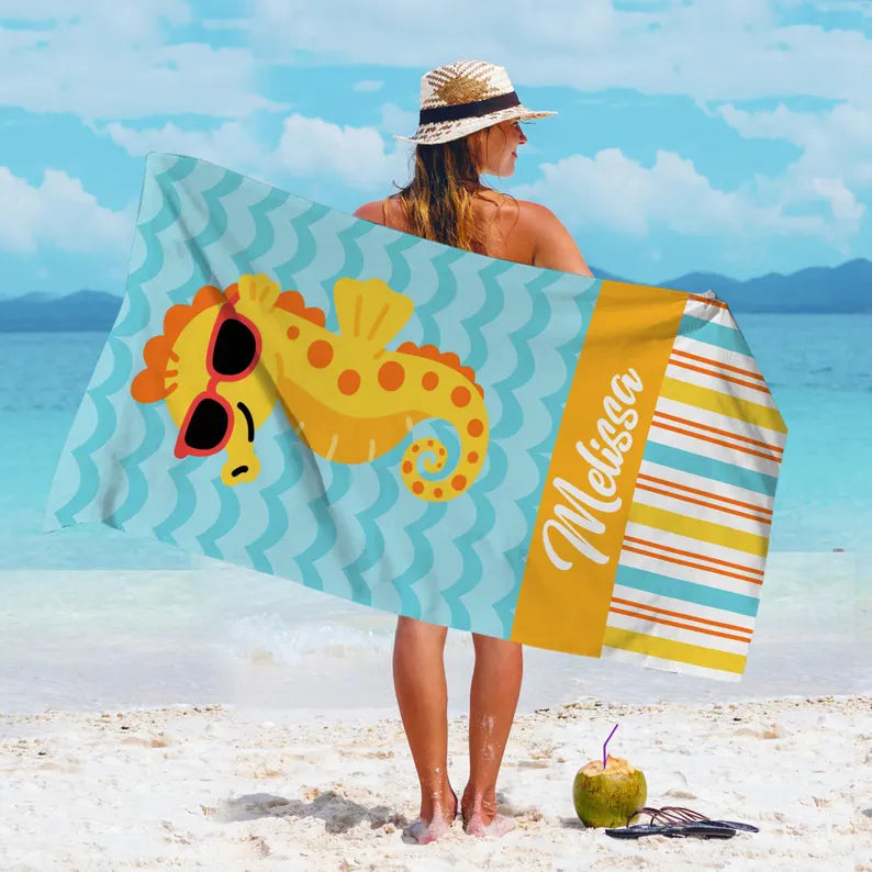 Personalized Kids Sea Horse Beach Towel Playful Fun Theme, Custom Name Sea creatures Gift