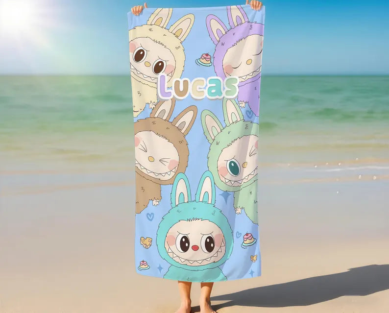 Personalized Labubu Beach Towels,Cute Cartoon Name Bath Towel,Summer Vacation Beach Towels for Kids,Custom Labubu Pool Towel Birthday Gifts