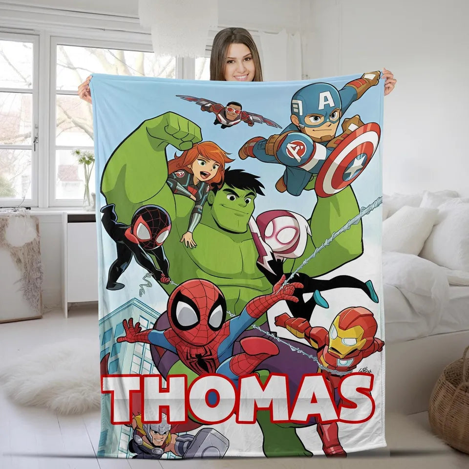 Personalized Marvel kids blanket, Marvel superhero blanket personalized, Custom Marvel blanket with Iron Man and Captain America, Personalized Spider-Man and Hulk blanket