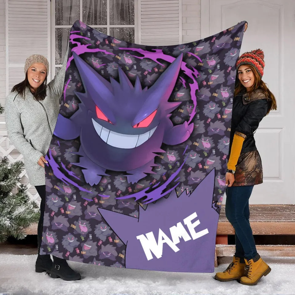 Personalized Name Pokemon Gengar Fleece Blanket, Pokemon custom name blanket for kids