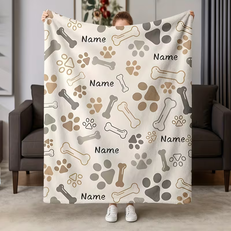 personalized pet name blanket with paw print design