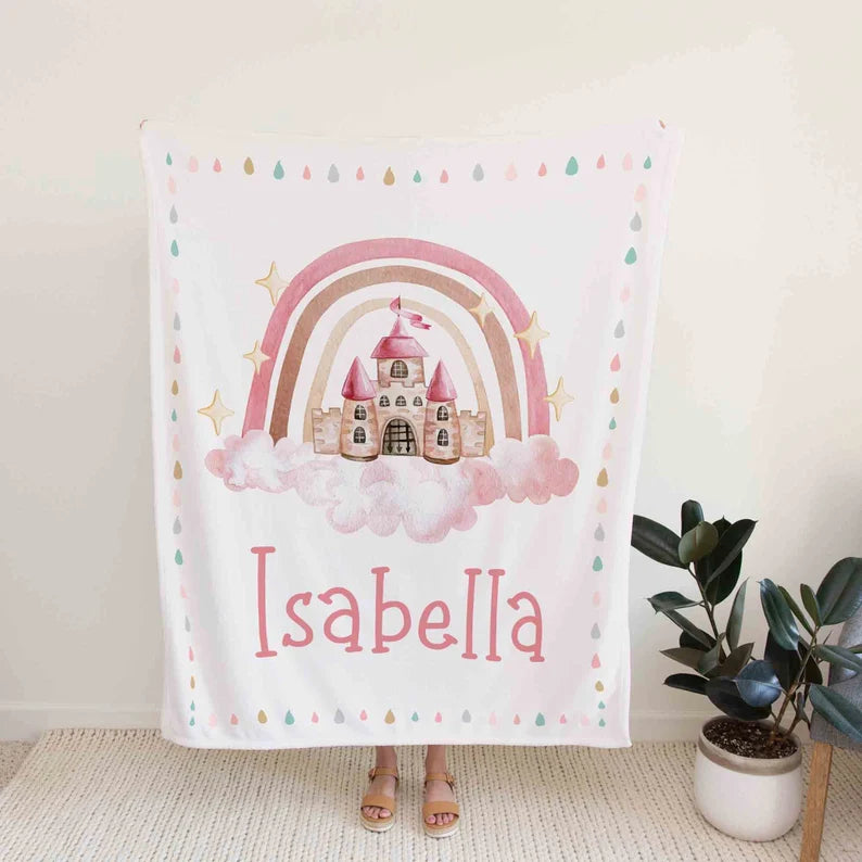 Personalized Princess Castle Rainbow Kids Blankets, Custom Baby Blanket, Princess Castle Blanket, Rainbow Blanket, Baby Shower Gift