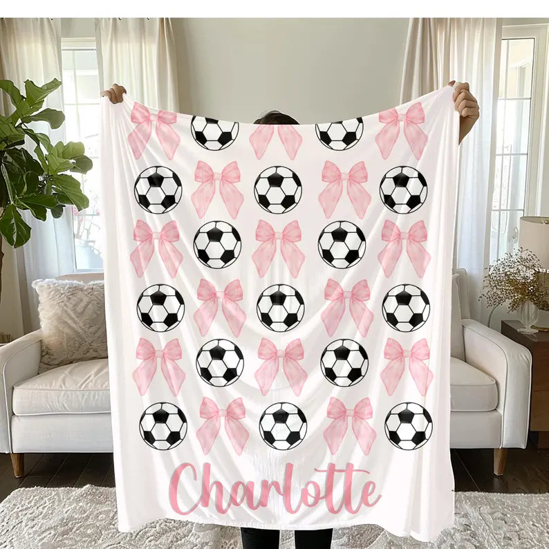 Personalized Soccer and Bows Plush Blanket: Girls Sports Throw
