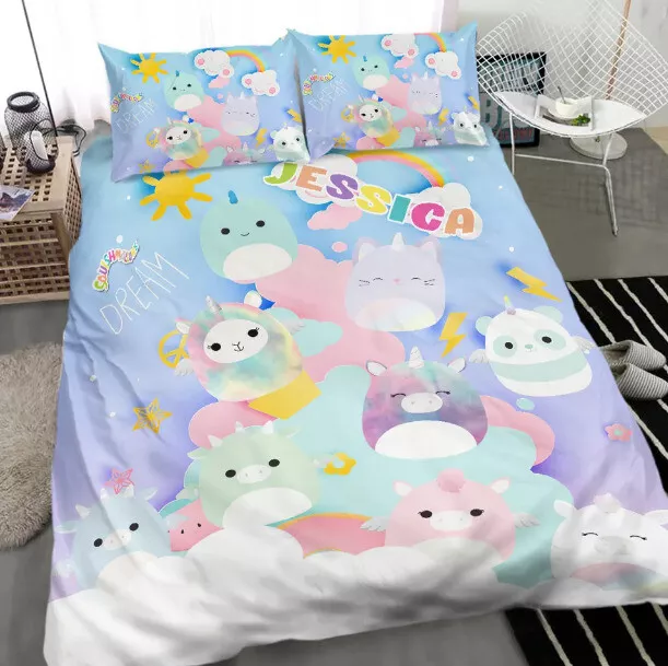 Personalized Squishmallow bedding set with custom name on comforter and pillowcases