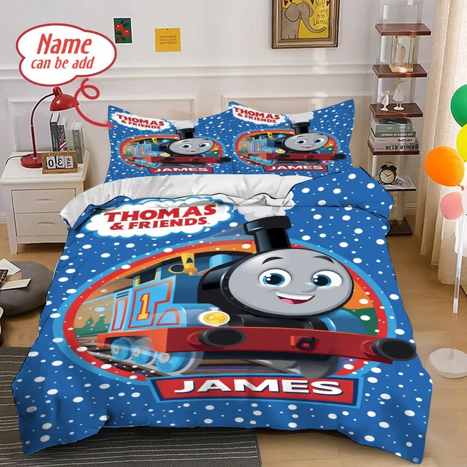 Railway cartoon duvet cover personalized with kid’s name