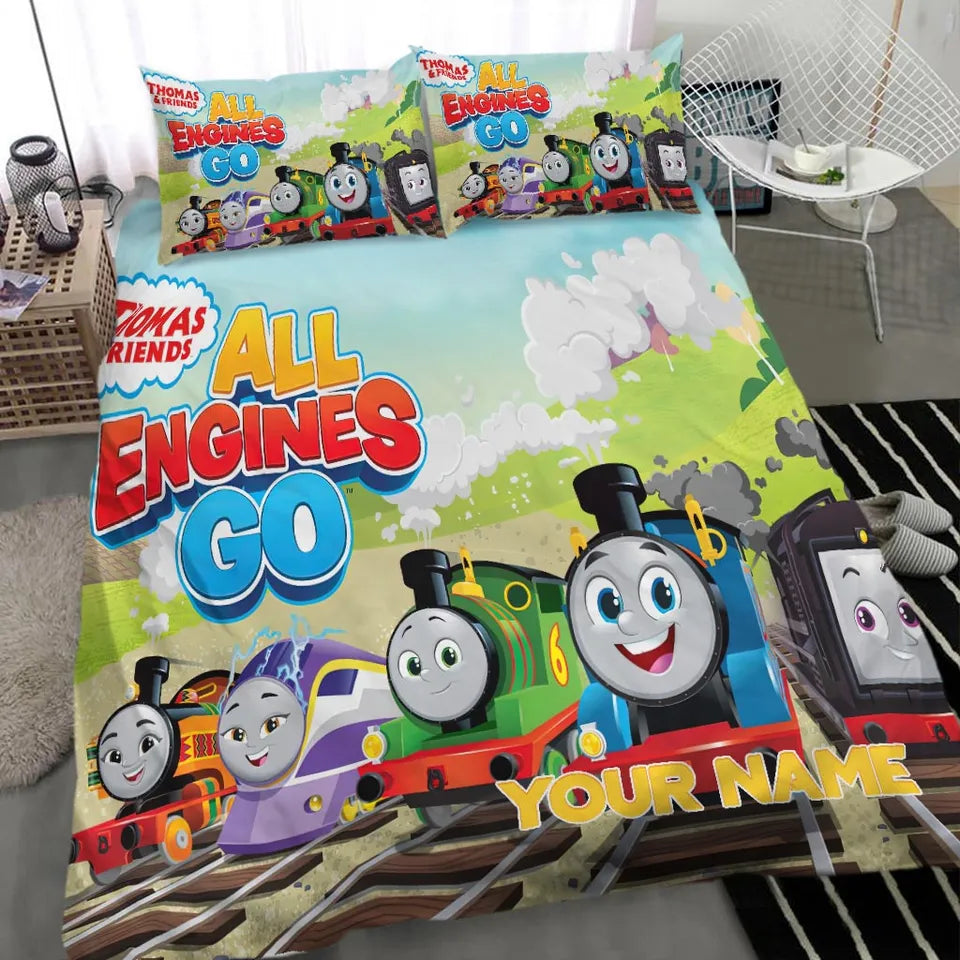 Kids cartoon bedding personalized with name and Thomas design