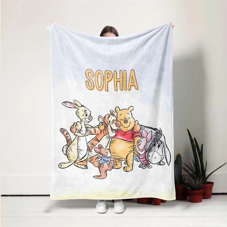 Personalized Watercolor Winnie the Pooh Blanket, Pooh Bear and Friends Blanket, Birthday Gift for Her/Him, Kids Adults Blankets Minky Blankt