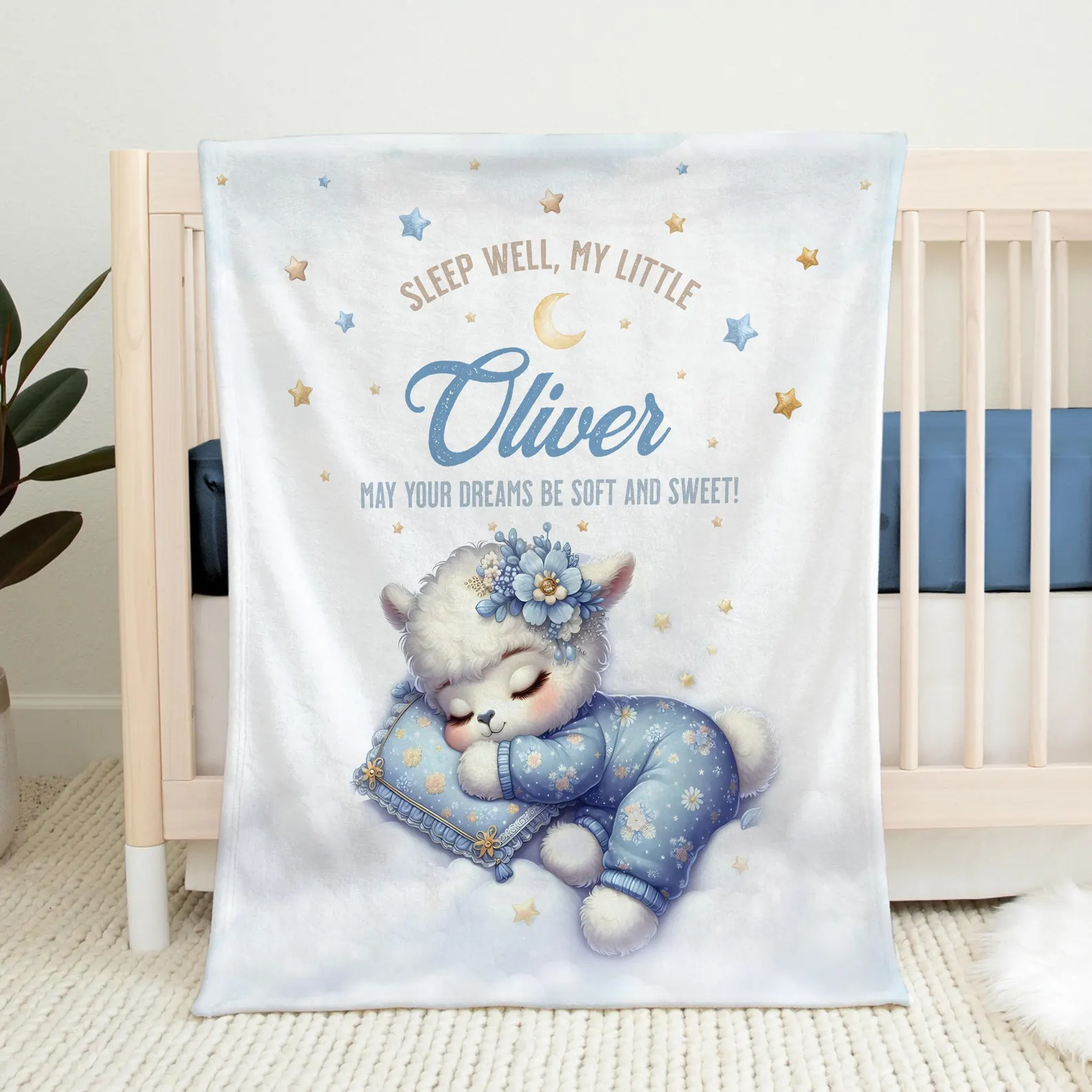 Personalized alpaca baby blanket | Boys and Girls Kids name blanket | Customizable with name and date of birth | Good Night blanket
