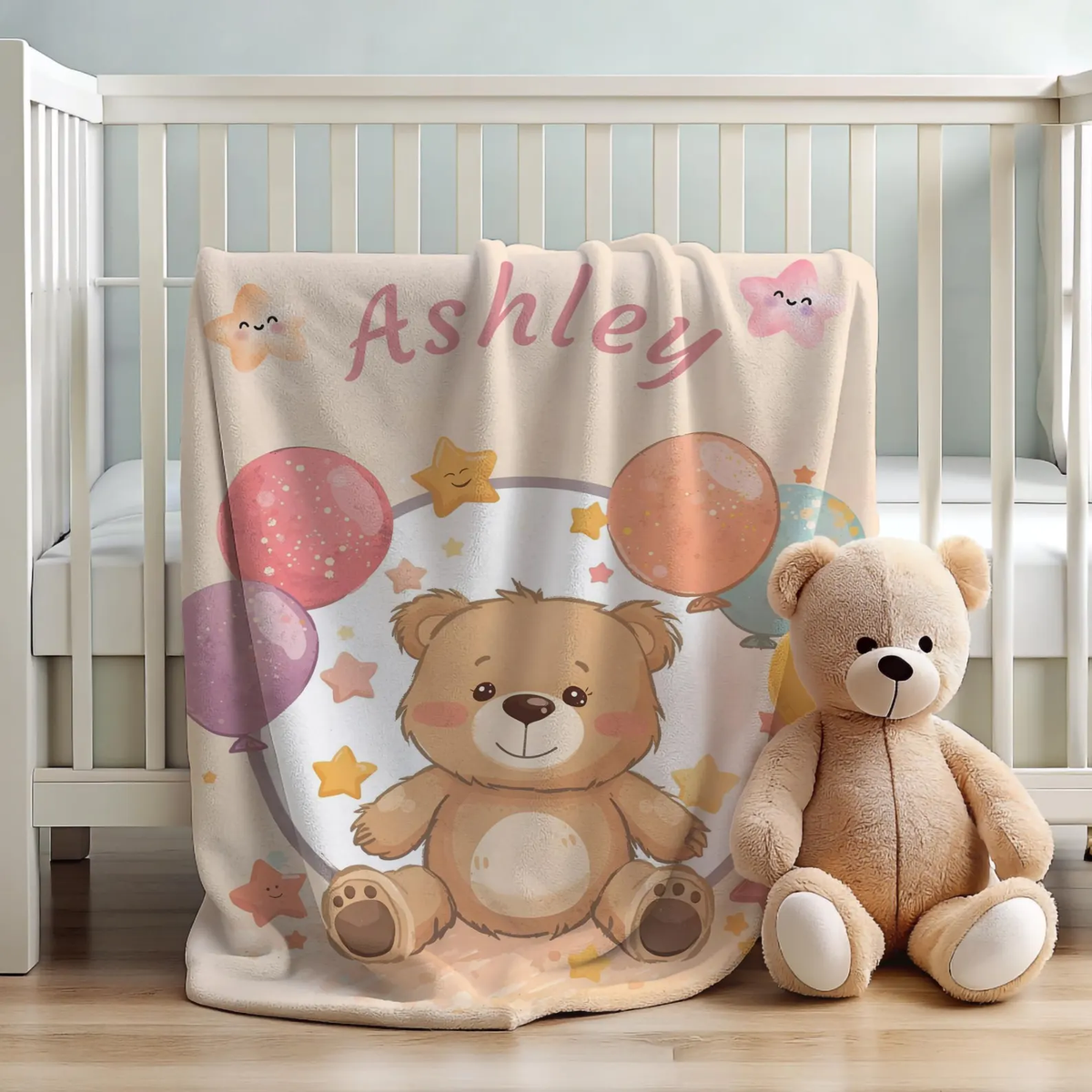 Personalized teddy bear blanket, custom name baby flannel throw, soft plush toddler travel blanket, cosy nursery gift