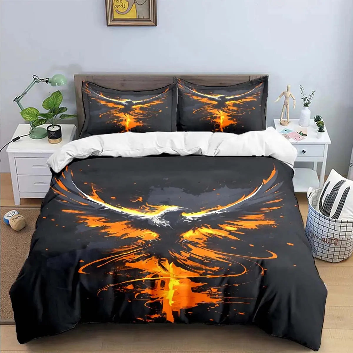 Mythical phoenix bedding set with glowing feather design