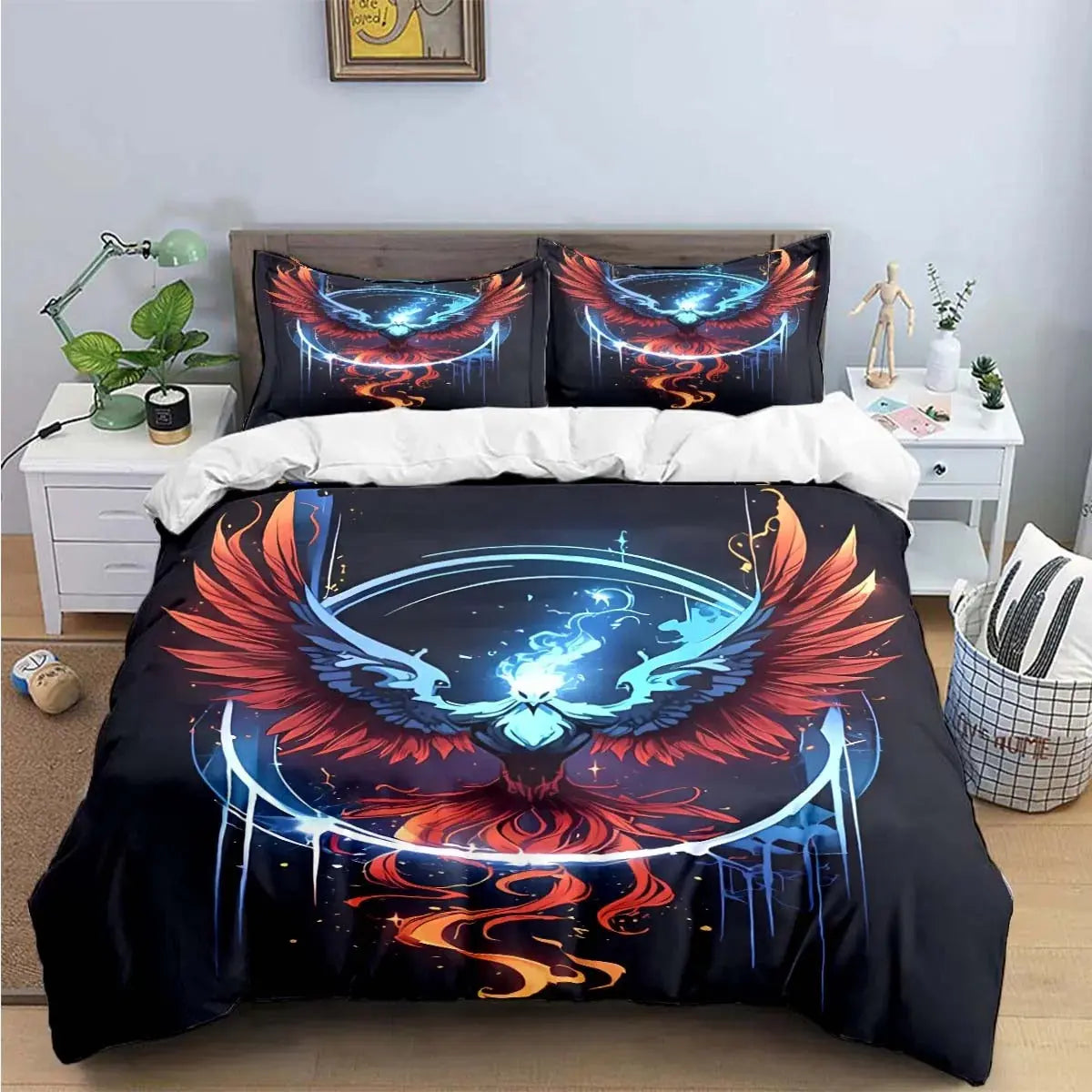 Phoenix legend flame print comforter set on king size bed