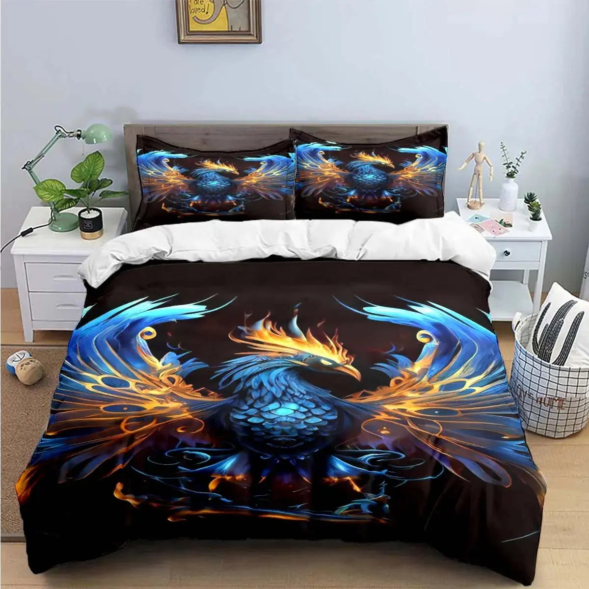Phoenix rising from flames bedding set with fire feathers